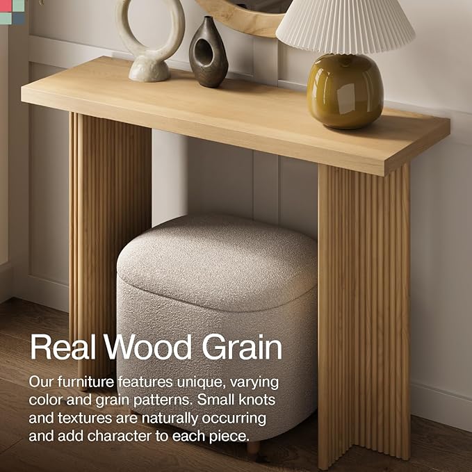 Modern Console Table - Natural Oak, Fluted Solid Wood - Slim Entryway Table with Drawers & Curved Cross Base
