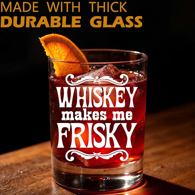 Whisky Lovers Gifts Old Fashioned Whiskey Glasses, Whisky Gifts for Women Men, Whiskey Makes Me Frisky 10 oz Rocks Barware Cup for Cocktail Drinks Scotch Bourbon Liquor