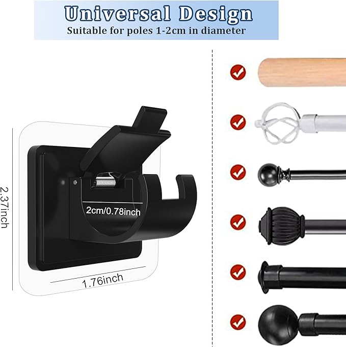 Codoule 8PCS No Drill Curtain Rod Brackets No Drilling Self Adhesive Curtain Rod Holder Hooks Nail Free Curtain Rod Hooks Curtain Hangers for Bathroom Kitchen Home Bathroom and Hotel (Black)
