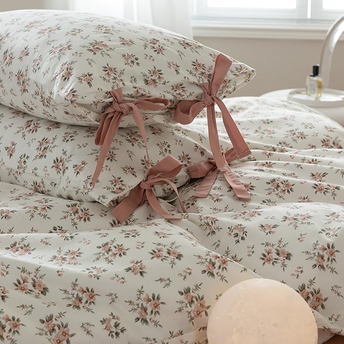 Girls Pink Flower Duvet Cover Set Twin XL Cute Floral Cottagecore Bedding Set Soft Cotton Aesthetic Botanical Duvet Cover Vintage Country Style Peach Floral Comforter Cover with Zipper Closure Twin XL