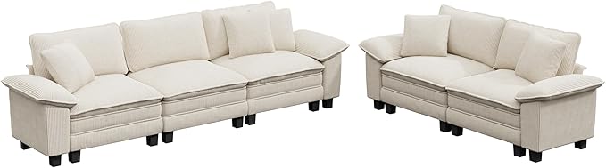 L-Shaped Cloud Modular Sofa Set with Chaise Lounge, 5-Piece Sectional & Deep Seat, Plush Corduroy w/Removable Arms for Living Room - Beige