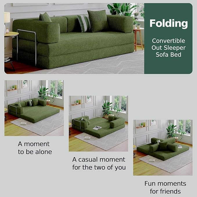 59''Convertible Sleeper Sofa Bed,Compressed Floor Boneless Couch,Modular Modern Corduroy Sofa for Living Room Bedroom -with Fixed-Shape Frame and Support Armrest,Easy Assembly(Green)