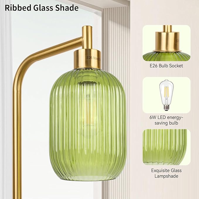 Glass Floor Lamp for Living Room, Dimmer Standing Lamp with Green Ribbed Lampshade,66” Tall Lamp & Gold Floor Lamp for Bedroom Study Room,Brushed Gold (Green)