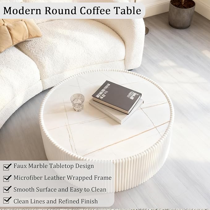 Round Coffee Table Set with Sintered Stone Tabletop, 29.52" White Drum Center Table and 17.71" Black Coffee Table Set, 2 Pieces Living Room Table Set with Fluted PU Leather Cover& Stable Base