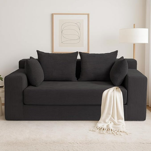 Convertible Sofa Bed, 3 in 1 Loveseat Folding Couch Bed Foldable - Chaise Lounge Chair & Floor Futon Sleeper, Corduroy Pull Out Sofa Bed with 4 Pillows for Living Room, Black