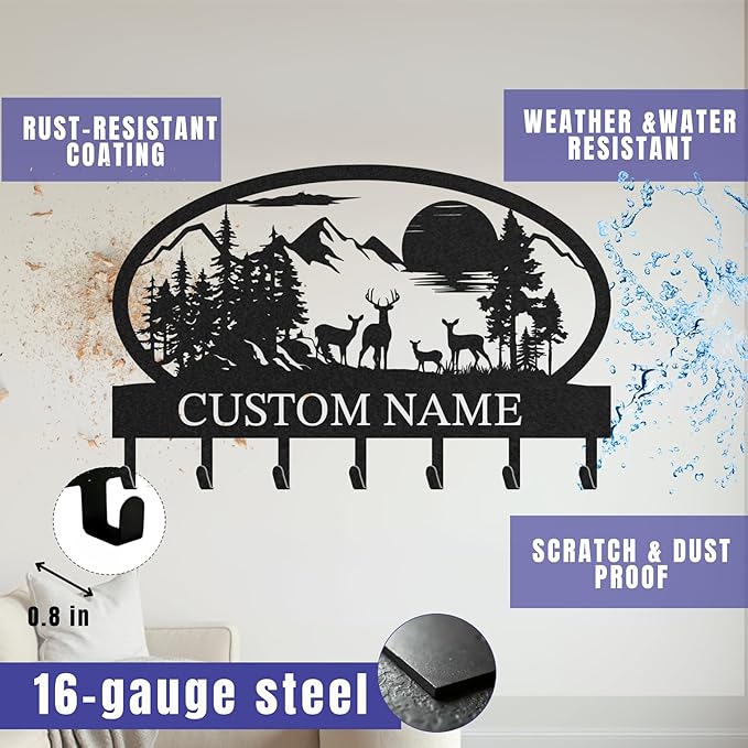 Personalized Key Holder for Wall, Custom Metal Deer Cabin Key Hooks with Name, Metal Jacket Holder Hooks Organizer Rack, Coat Hanger Decor for Kitchen, Entryway, Hallway, Office, Doorway