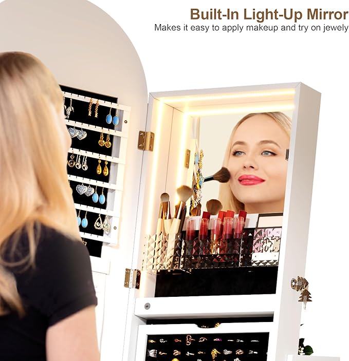 HWB LED Mirror Jewelry Cabinet, 360° Swivel Jewelry Organizer Standing, Arched Wide Full-Length Mirror with Storage Shelves, Interior Mirror, Gift Jewelry Armoire for Lady Girls