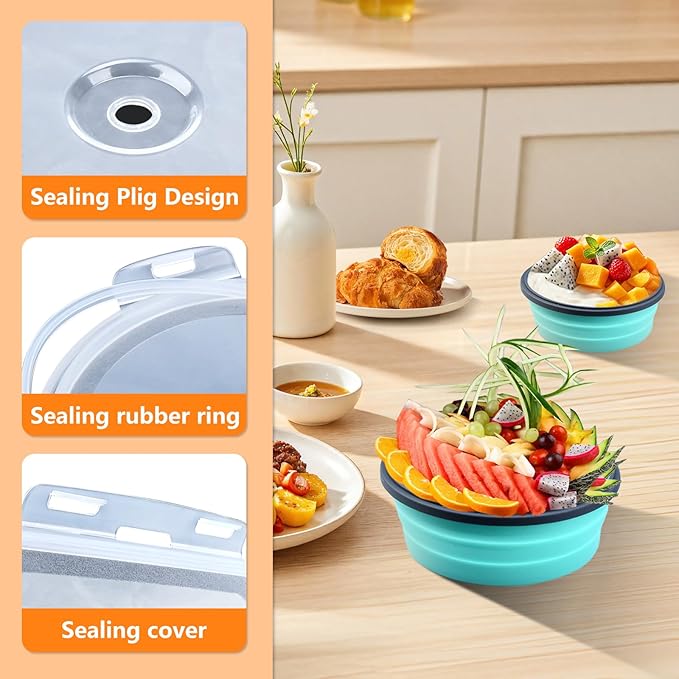 Collapsible Food Storage Containers with Lid & Air Vent, 4 Pack Round Foldable Collapsible Storage Containers Sets for Meals, Lunch Bowls for Camping, Travel, Microwave Freezer Dishwasher Safe, Green