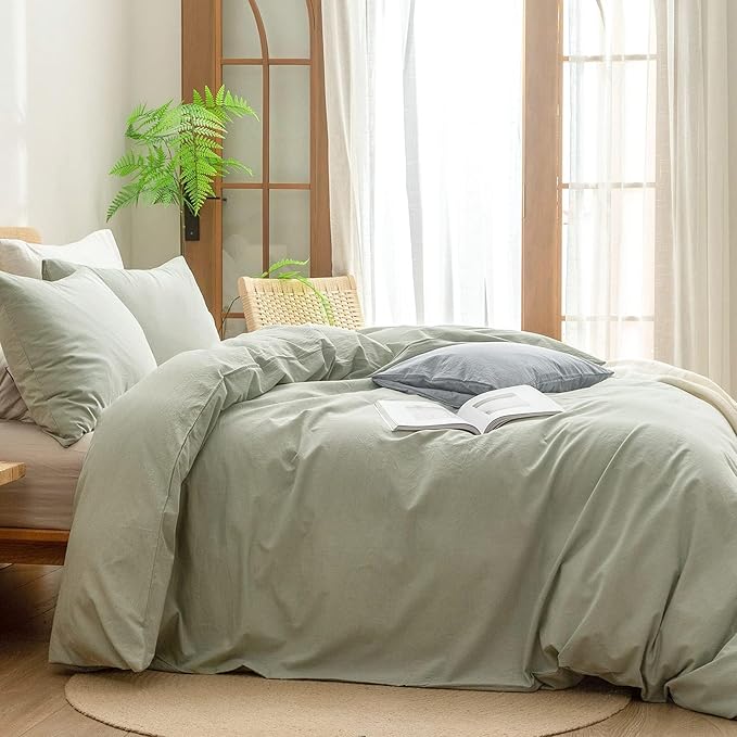 BESTOUCH Duvet Cover Set 100% Washed Cotton Linen Feel Super Soft Comfortable Chic Lightweight 3 PCs Home Bedding Set Solid Sage Green Oversized Full