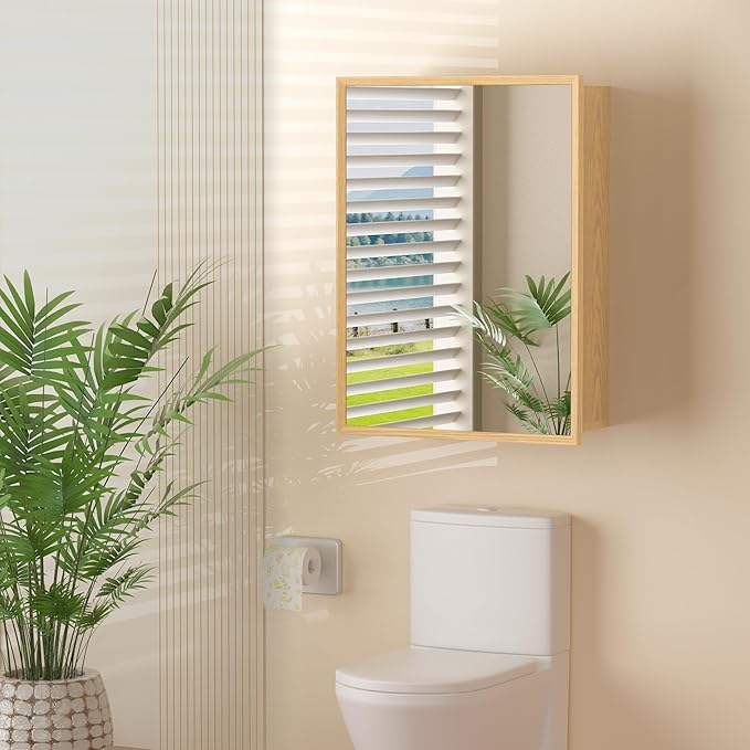 20x28 Inch Wood Medicine Cabinet with Mirror, Surface or Recessed Mounted Bathroom Cabinets with Adjustable Shelves, Soft-Close Hinges, Wall Mounted Cabinet for Storage, Oak-Grain