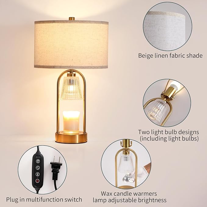 Plug in Gold Candle Warmer Lamp with Timer Dimmable, Wax Melts Candle Warmer with Beige Fabric Shade Lamp, Gold Table Lamp for Bedroom,Mothers, Gifts,Scented Jar, Include 3 Bulb