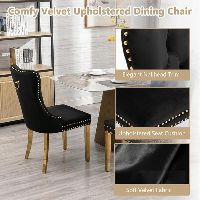 Goujxcy 5 Piece Glass Dining Table Set Modern Small Glass Dining Table Set for 4, 35.43" Square Kitchen Table and 4 Velvet Upholstered Chairs for Kitchen Dining Room, Gold & Black