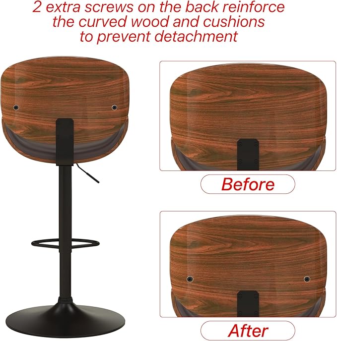 KCC Bar Stools Set of 2, Swivel Adjustable Height Barstools, PU Leather Upholstered Bar Chairs with Footrest, Bentwood Bar Stool for Kitchen, Bar, Dining Room(Brown PU)