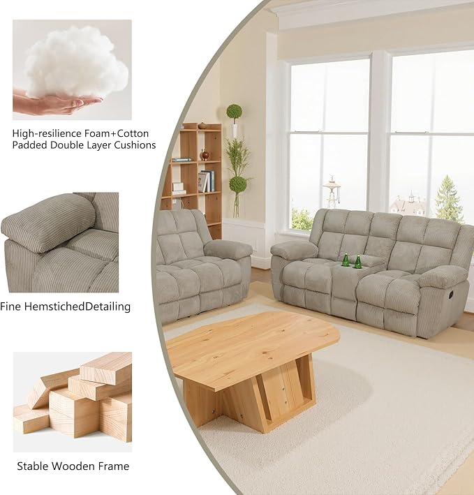 Manual Recliner Sofa Set,Corduroy Reclining Couch Set,Modern Living Room Furniture Set,Reclining Sofa Couch Chair for Living Room Home Office(Beige,3 Pieces Set)