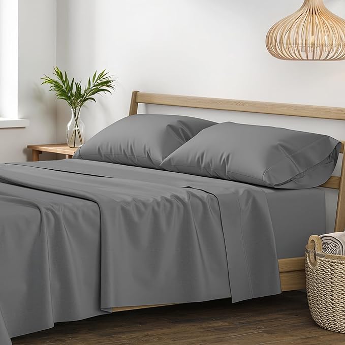 XOOX Linen 100% Egyptian Cotton Sheets California King Size - 1200 Thread Count 4 PC Cal King Sheet Egyptian Cotton, Cooling Sateen Sheets, High Thread Count Sheet California King - Dark Grey