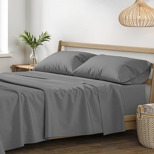 XOOX Linen 100% Egyptian Cotton Sheets California King Size - 1200 Thread Count 4 PC Cal King Sheet Egyptian Cotton, Cooling Sateen Sheets, High Thread Count Sheet California King - Dark Grey