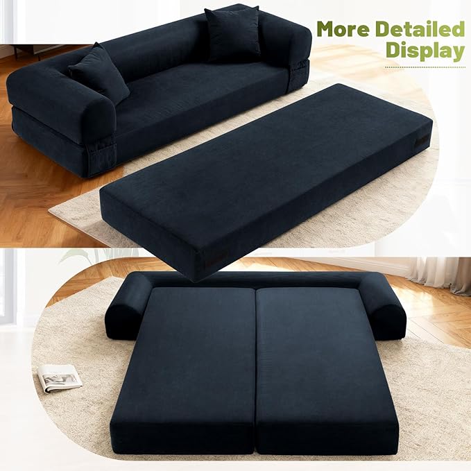 Convertible Futon Sofa Bed,80" Folding Pull Out Couch with Pillows & Storage Pocket, Oversized Queen Sleeper Sofa in a Box,Corduroy Boneless Couch for Living Room,Deep Blue