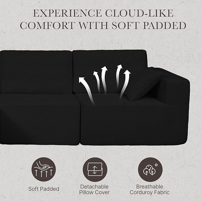 137” Modular Sectional Sofa Couch, 4-Seater U-Shape Sofa with Ottoman, Memory Foam Compressed Sofa, Free Combination Couch for Living Room,No Assembly Needed (Black, 4 Seats+ 2 Ottoman)