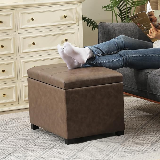 Joveco 24" Leather Storage Ottoman Bench, Rectangle Foot Rest Stool for Living Room, Bedroom, Entryway, Earthy Light Brown Veining