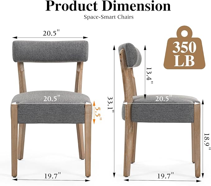 Dining Chairs Set of 4,Mid-Century Modern Wooden Kitchen Chairs with Linen Upholstery - Low-Back Woven Design for Kitchen & Dining Room,Grey Fabric