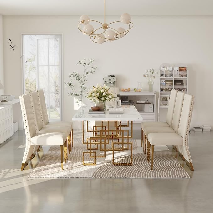 AUZ White and Gold Dining Chairs Set of 2, White PU Leather Dining Room Chair with Nailhead Trim and Gold Polished Metal Legs, Luxury High Back Dining Chairs
