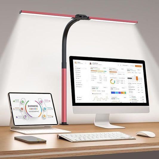 LED Desk Lamp for Home Office, Eye-Caring Desk Light with Clamp, 24W Double Head Architect Task Lamp Stepless Dimming, Flexible Gooseneck Bright Table Lamp for Study Reading Workbench Drafting Red