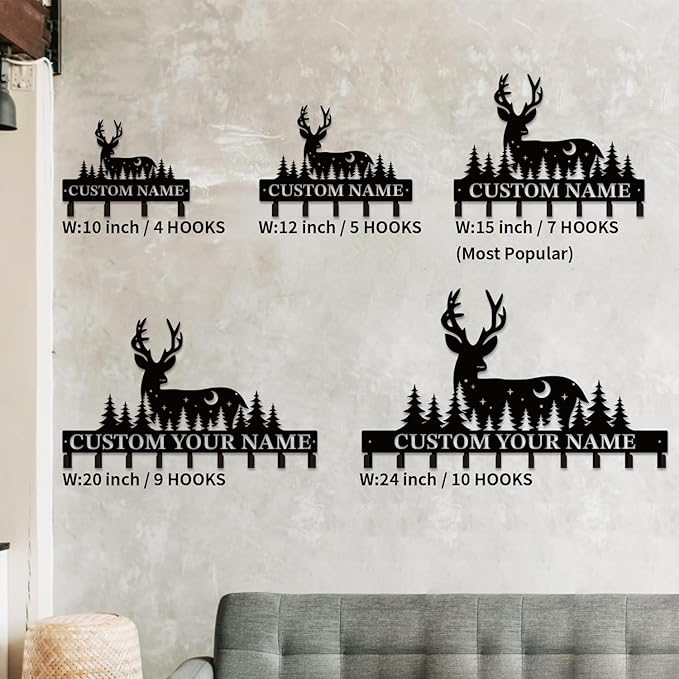 Personalized Custom Name Forest Deer Wall Keys Hooks,Metal Forest Deer Art Clothes Hooks,Metal Forest Deer Wall Home Storage Decorative,For Front Door, Hallway, Kitchen, Bedroom,Keys,Hats (Style G)