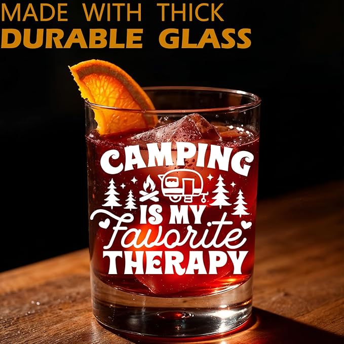 Camping Lovers Gifts Old Fashioned Whiskey Glasses, Rv Camper Gifts, Camping is My Favorite Therapy 10 oz Rocks Barware Cup for Cocktail Drinks Scotch Bourbon Liquor