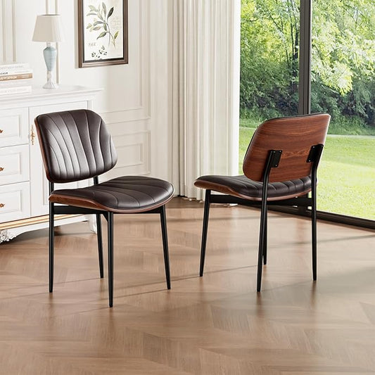 Dining Chairs Set of 2, Mid-Century Modern Upholstered PU Leather Chairs with Walnut Bentwood Back and Metal Legs Adjustable Feet for Kitchen Dining Room, Dark Brown Shell Strips