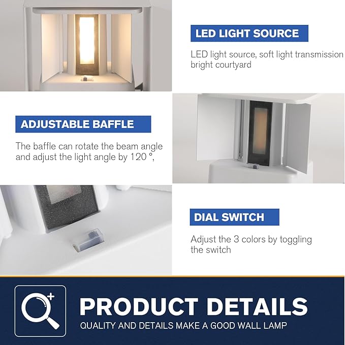 2 Pack LED 20W Outdoor Wall Lights Exterior/Interior 3 Colors Adjustable Wall Sconce Up and Down Light Porch Lights IP65 Waterproof Exterior Wall Sconce Modern Outdoor Lighting Square Aluminum White