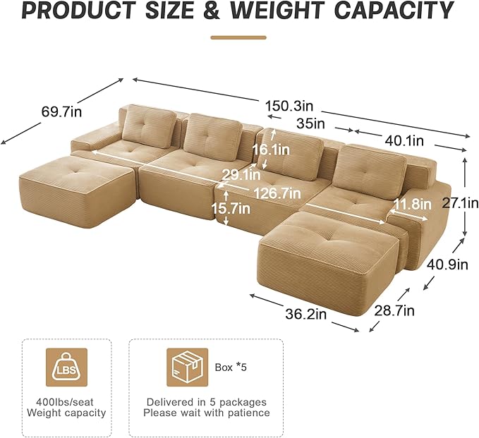150" Modern Compressed Boneless Couch with Ottoman, 4 Seater Large U Shaped Sectional Couches for Living Room, Camel Corduroy Cloud Modular Sectional Sofa, Memory Foam, Extra Deep, No Assembly