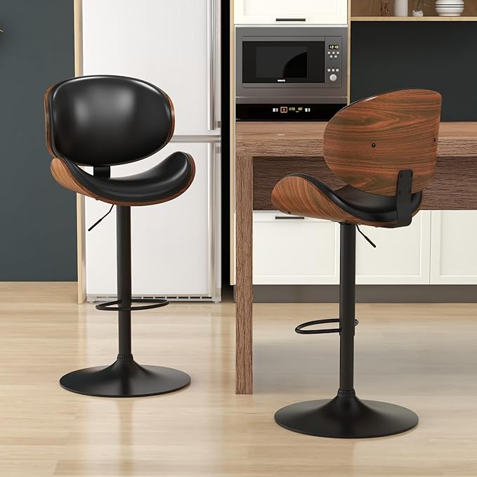 KCC Bar Stools Set of 6, Swivel Adjustable Height Barstools, PU Leather Upholstered Bar Chairs with Footrest, Bentwood Bar Stool for Kitchen, Bar, Dining Room(Black PU)