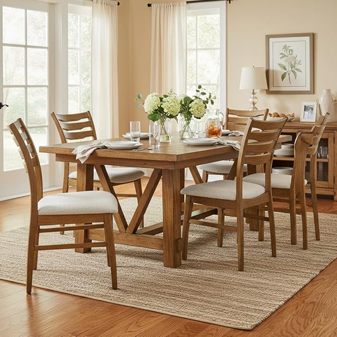 DUOMAY Farmhouse Dining Chairs Set of 2, Fur Beige Upholstered Side Chairs Solid Wood Ladder Back Kitchen Chairs for Home Dining Room, Browm Frame