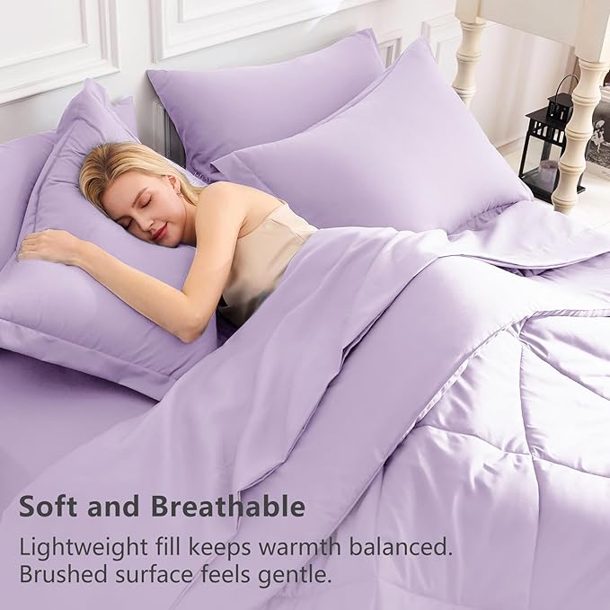 CozyLux Queen Comforter Set Light Purple - Bed in a Bag Queen Size 7 Pieces, Luxury Soft Lavender Bed Set for All Seasons, Bedding Set with Down Alternative Comforter, Sheets, Pillowcases & Shams
