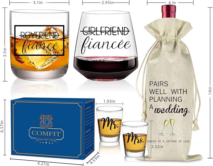 Christmas Engagement Gifts for Newly Couples - Fiance Fiancee Gifts, Boyfriend & Girlfriend Wine and Whiskey Glass Set, Wedding Gift for bride and groom, Future Mr and Mrs Just Engaged Gift