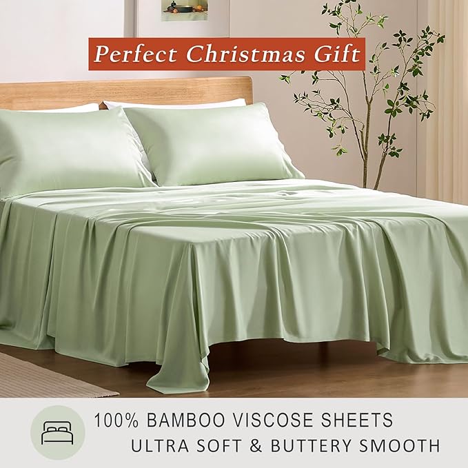 TOSMO Luxury Cooling Sheet Set - 100% Viscose from Bamboo, 4-Piece Bedding Set (King Size) - 18” Extra Deep Pockets, Oeko-Tex Certified, Silky Soft and Breathable, Light Green