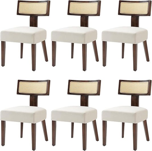 Rattan Dining Chairs Set of 6, Mid-Century Modern Fabric Dining Room Chairs with Brown Hardwood Frame, Upholstered Curved Backrest Kitchen Chair Armless Accent Chairs for Living Room (Cream)