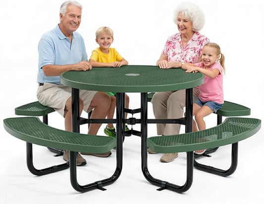 Metal Picnic Tables for Outdoors with Umbrella Hole - Coated Steel Heavy Duty Commercial Grade Furniture Set with Adjustable Seats (Green, 46 in, Round, Expanded Steel)