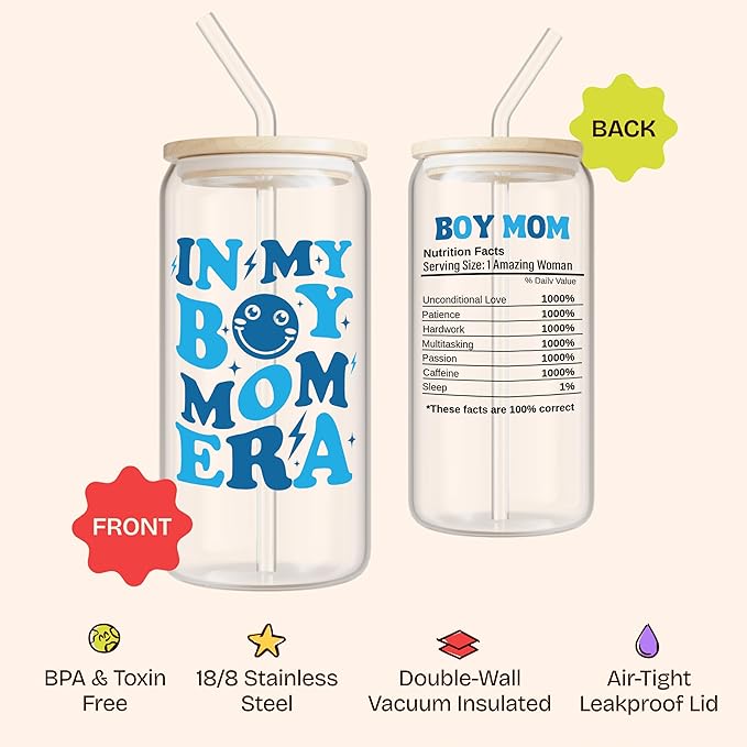 KLUBI Boy Mom Gifts for New Mother to Be - In My Boy Mom Era Cup 16oz Iced Coffee Glass with Lid and Straw - Baby Shower Mum Gifts for Women, Mama Coffee Mug for Expecting Mother Pregnancy Present