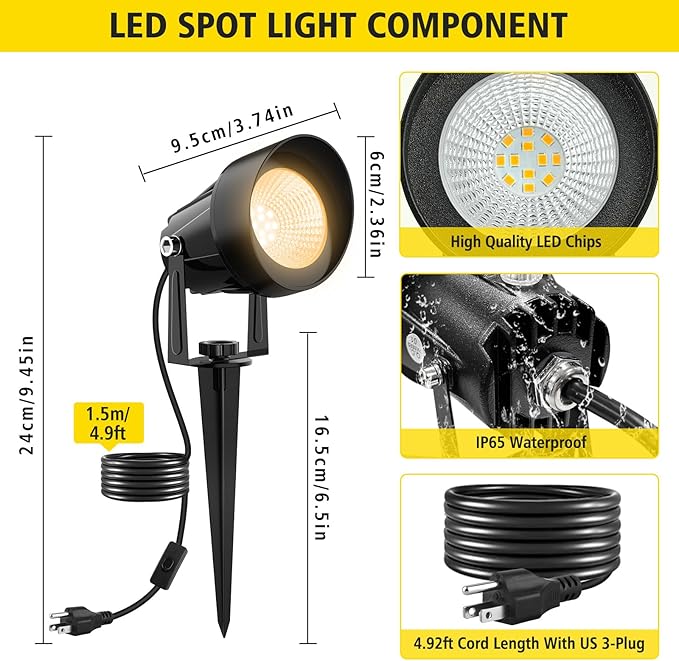 Landscape Spot Lights Outdoor, Dusk to Dawn Outdoor Lighting with IP65 Waterproof, LED Low Voltage SpotLights 3000K/6000K Warm White Uplights for Yard Garden Pathway, 4 Pack