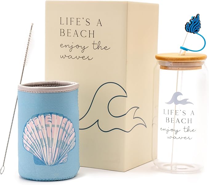 Ocean Gifts for Women - Glass Tumbler with Lid and Straw, Customized Straw Stopper and Cup Sleeve, Aesthetic Unique Design Iced Coffee Gift Cup for Mom, Teacher, Friend