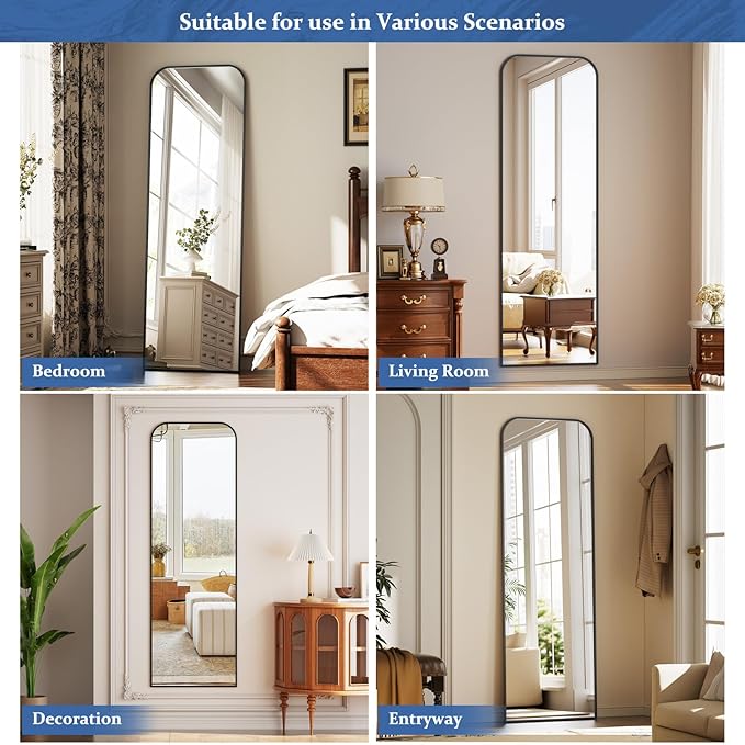 Full Length Mirror 64"x21" Arched Floor Standing Large Mirrors Full Body Mirror with Stand - with Aluminum Frame for Bedroom Living Room, Black