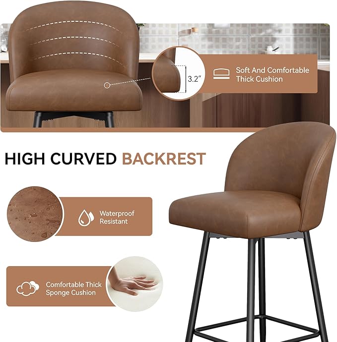 Counter Height Bar Stools Set of 2,360° Swivel Barstools with High Back and Metal Legs,26" Seat Height, Upholstered PU Leather Bar Chairs for Kitchen Island, Dining Room,Cafes,Brown
