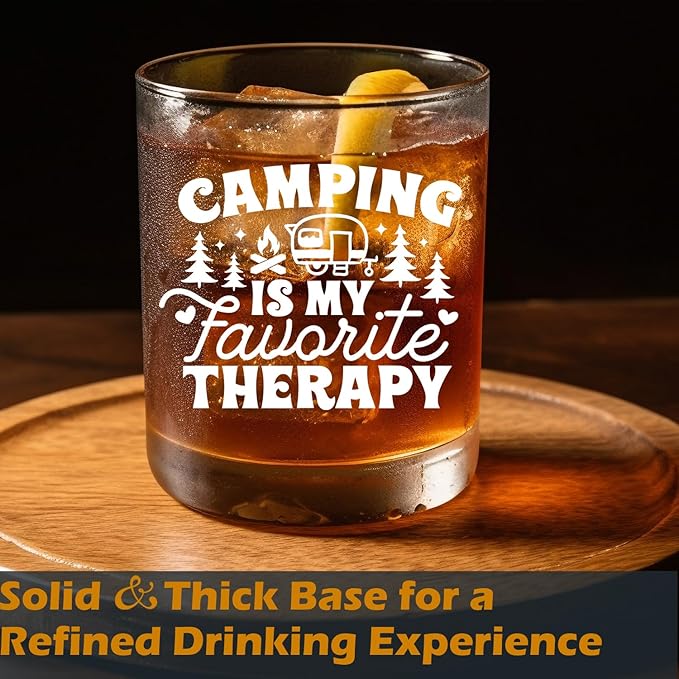 Camping Lovers Gifts Old Fashioned Whiskey Glasses, Rv Camper Gifts, Camping is My Favorite Therapy 10 oz Rocks Barware Cup for Cocktail Drinks Scotch Bourbon Liquor