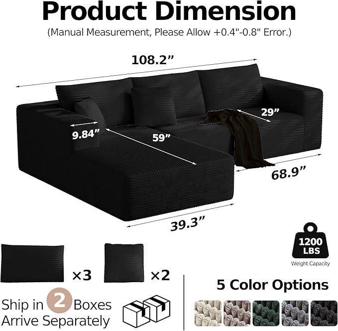 108'' Modular Sectional L-Shaped with Chair,Deep Seat Boneless Corner Couch for Living Room,Plush Corduroy Couch with Detachable Sofa Set,No Assembly(Left Facing Chaise，Black)