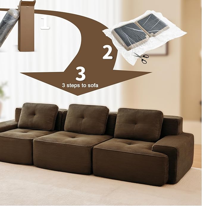 115" Modern Corduroy Cloud Sofa, Boneless Modular Large Sectional Couches for Living Room, Brown 3 Seater Compressed Memory Foam Couch, Extra Deep Seat, No Assembly
