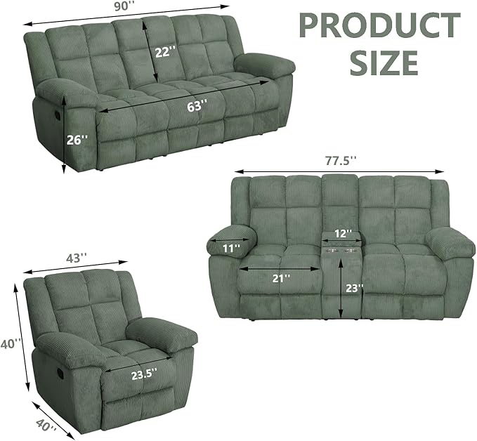 Manual Recliner Sofa Set,Corduroy Reclining Couch Set,Modern Living Room Furniture Set,Reclining Sofa Couch Chair for Living Room Home Office(Green,Sofa+Loveseat)