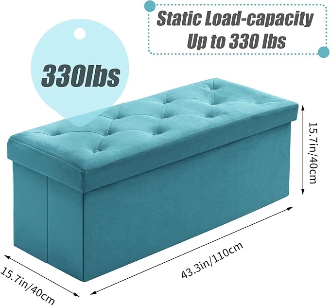 BRIAN & DANY 43 Inches Ottoman with Storage, Velvet Storage Ottoman Bench, End of Bed Benches, Folding Ottomans for Bedroom, Living Room and Entryway (Teal)