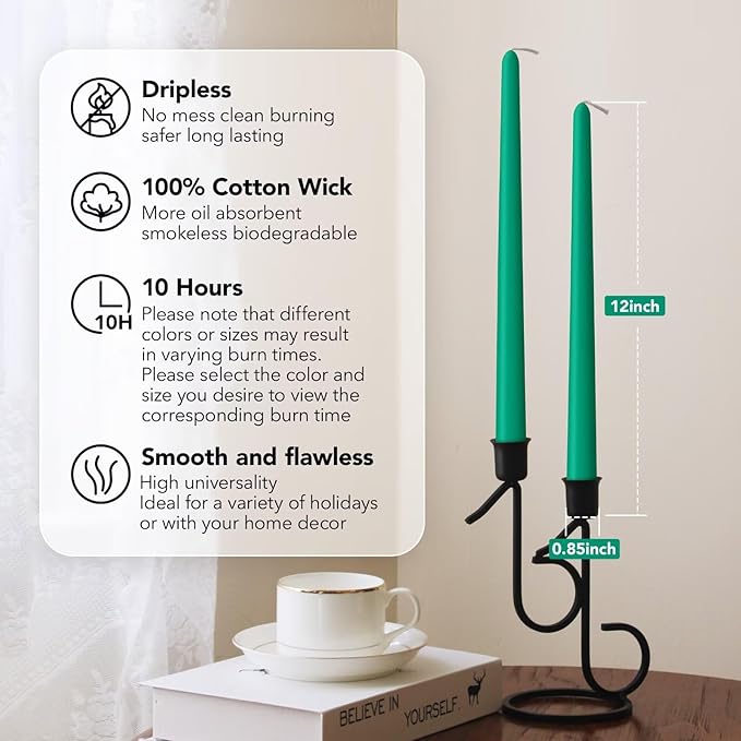 New Burning Formula Unscented Dripless 12-Inch Taper Candles Set of 12 - Emerald, for Wedding, Dinner - Smokeless, Long Burning - Hand Poured, Colored Tall Candlesticks - Esmeralda