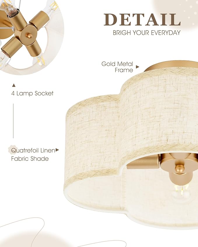 Gold Semi Flush Mount Ceiling Lights, 4-Light 14" Gold Light Fixtures Ceiling Mount with Fabric Shade in Quatrefoil Shape, Drum lighting fixture for Nursery Bedroom Kitchen, AD-22007-4SF-GD-B